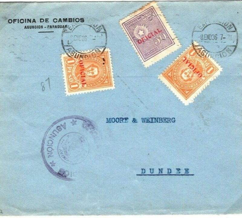 PARAGUAY Official Cover 2.50 Peso Rate Asuncion 1936{samwells-covers}SV17