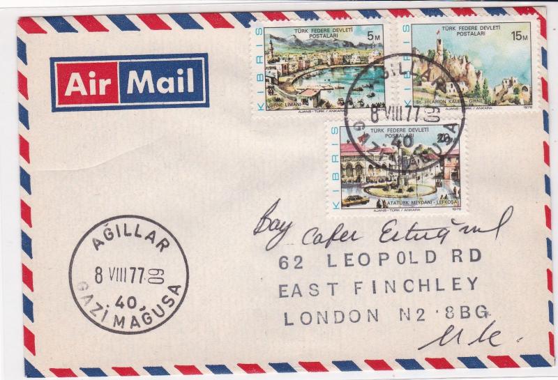 North Cyprus Turkish Agillar Cancel 1977 Airmail Stamps Cover ref R 16911