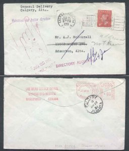 Canada-covers #5797 - 4c KGVI - DLO-Calgary,Alberta-Jun 15 1951-H/S Returned