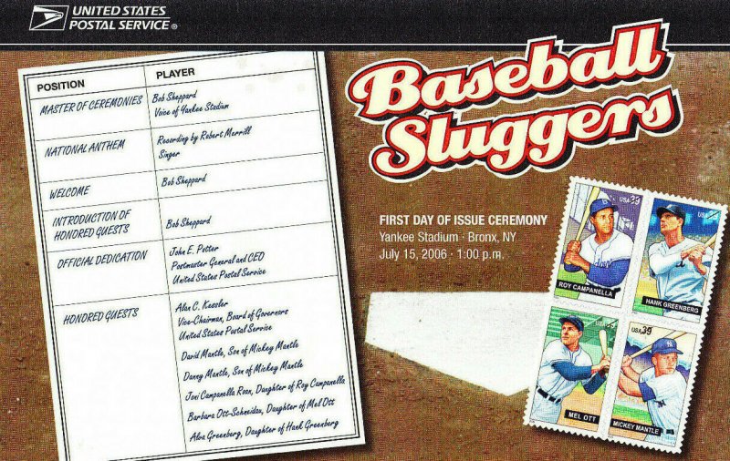 USPS 1st Day Ceremony Program #4080-83 Baseball Sluggers Ott Mantle Greenberg