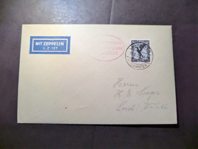 1931 Germany Airmail LZ 127 Graf Zeppelin Cover Hannover to Lorch Wurttemburg