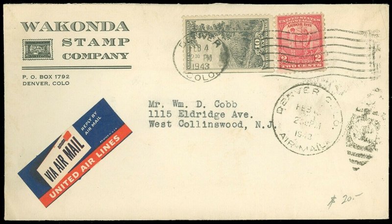 1943 DENVER, WAKONDA STAMP CO. Corner Card, United Air Lines Airmail Label & CDS