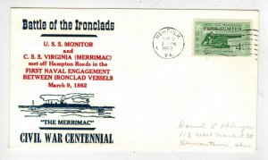 1962 CIVIL WAR 100th FANCY CACHET VIRGINIA BATTLE OF THE IRONCLADS USS MONITOR