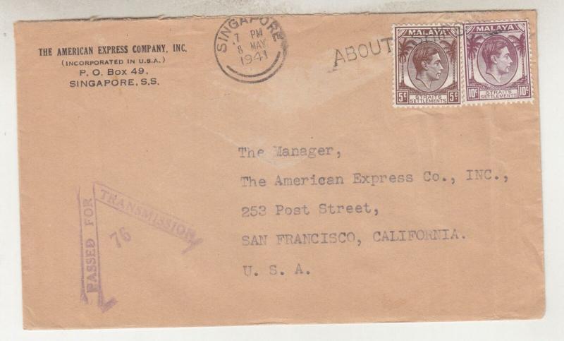 STRAITS SETTLEMENTS, 1941 censored cover to USA, KGVI 5c. Brown & 10c. Purple.