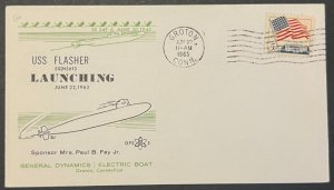 USS FLASHER SSN-613 LAUNCHING GENERAL DYNAMICS GROTON CT JUN 1963 NAVY CACHET