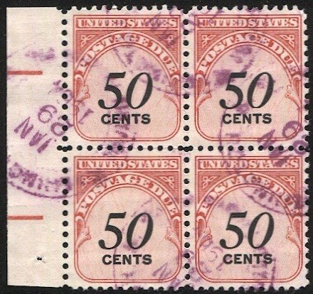 US J99 Used Block/4 Postage Dues, Perf 11 x 10 1/2, VF, 1964 cancels