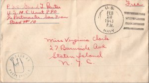 United States Marine Corps Soldier's Free Mail 1943 U.S. Navy USMC Unit 890 6...