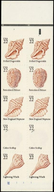 2121b, Mint NH 22¢ Sea Shells Color Omitted Booklet Pane ERROR -- Stuart Katz 