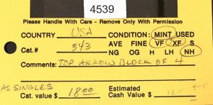 US STAMPS # 343 ARROW BLOCK MINT OG NH LOT #4539