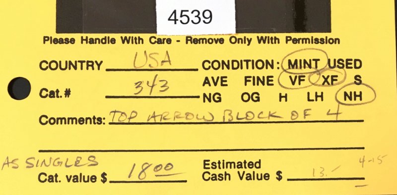 US STAMPS # 343 ARROW BLOCK MINT OG NH LOT #4539