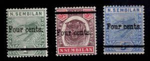 MALAYA Negri Sembilan Scott 17-19 MH* Tiger 4 Cent surcharge set