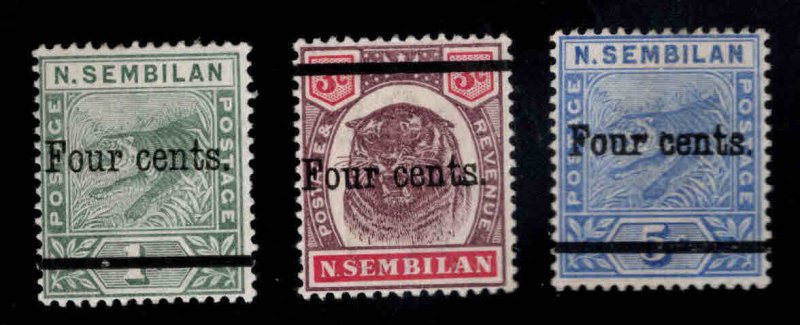 MALAYA Negri Sembilan Scott 17-19 MH* Tiger 4 Cent surcharge set