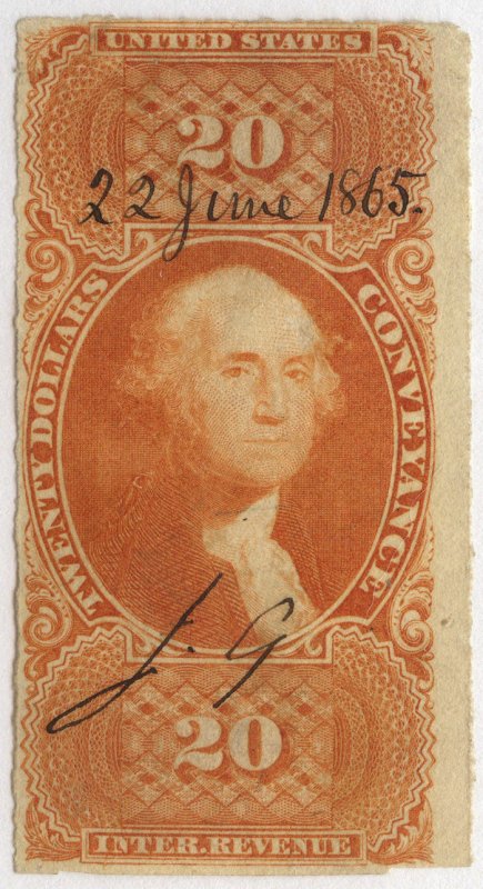 0904 U.S. revenue Scott R98a, $20 Conveyance imperforate, 1865 manuscript cancel