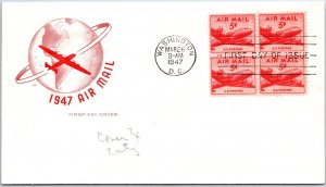 U.S. FIRST DAY COVER 5c AIRMAIL SERIES ON HF CACHET BLOCK OF (4) 1947