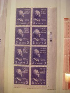 Scott 807, 3c Thomas Jefferson, PB8 #22301 LR, MNH Prexie Beauty