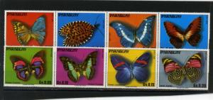 PARAGUAY 1976 Sc#1655 FAUNA BUTTERFLIES STRIP OF 8 STAMPS MNH