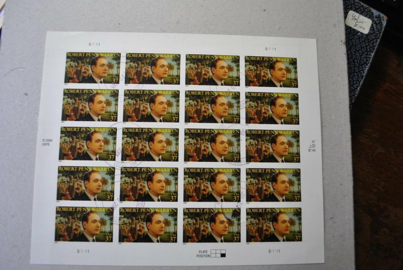 US Robert Penn Warren Scott #3904 Stamp Sheet-20 37¢ 2004 CTO 