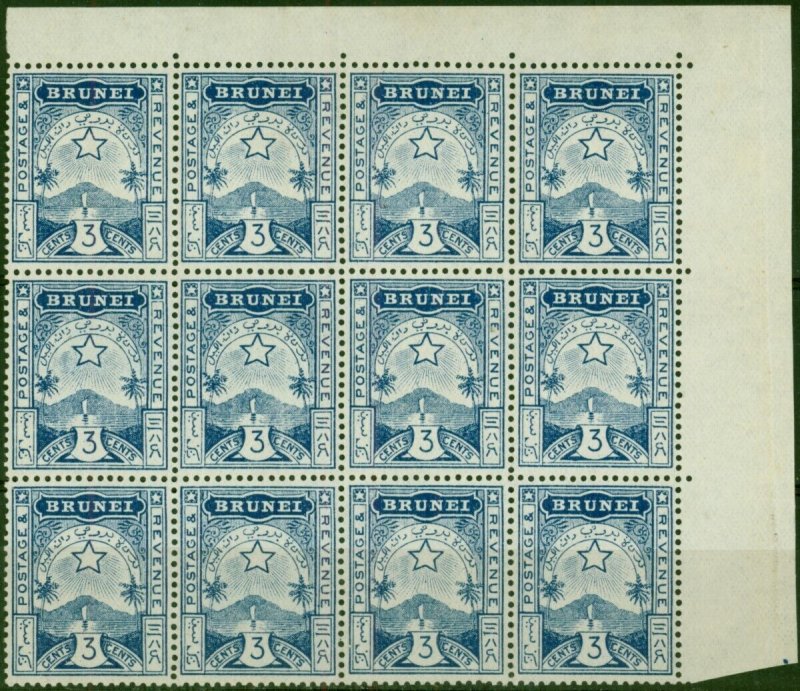 Brunei 1895 3c Deep Blue SG4 V.F & Fresh Unused Corner Block of 12