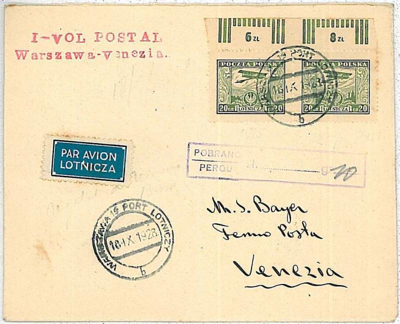 AVIATION - POSTAL HISTORY  POLAND : AIRMAIL COVER - Warzsaw to Venice