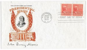 1939 Prexie Coil FDC, #846, 6c John Quincy Adams, Cachet Craft, pair