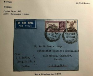 1948 Bhuj India Airmail Cover To Optometrist Specialist Tilsonburg Canada