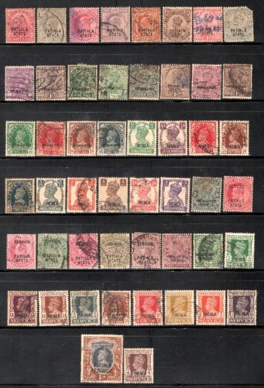 India Patiala State 50 Diff. Postage & Service Used Stamps QV to KG VI # 5589...