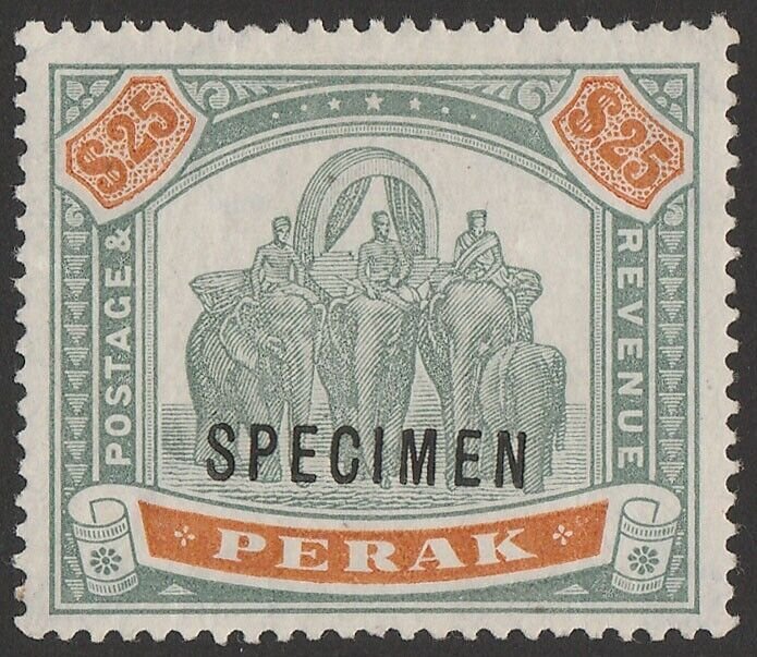 MALAYA - Perak 1895 Elephants $25 SPECIMEN. normal cat £12,000. Very scarce.