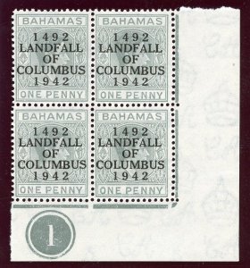 Bahamas 1942 KGVI Columbus Anniversary 1d pale slate plate block MNH. SG 163.