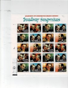 Broadway Songwriters 33c Postage Sheet, #3345-50 MNH