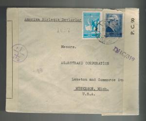 1940 Istanbul Turkey Dual Censored Cover to Muskegon MI USA