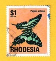 RHODESIA SCOTT#346 1974 $1 LARGER STRIPED SWORDTAIL BUTTERFLY - USED