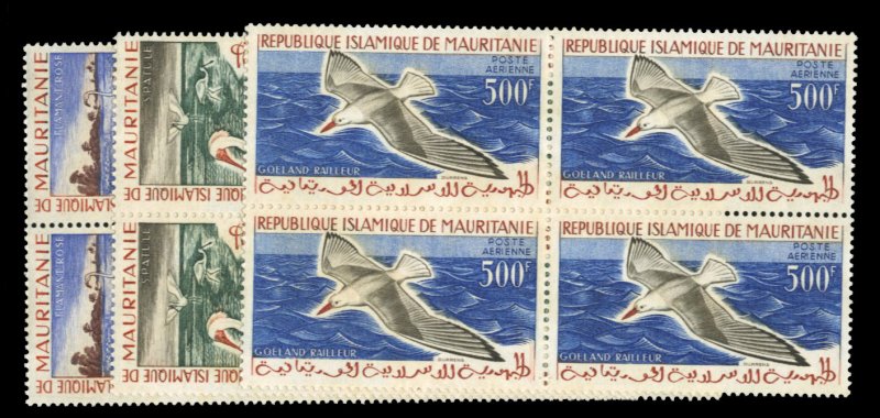 Mauritania #C14-16 Cat$106, 1961 Airpost, set of three, in blocks of four, ne...