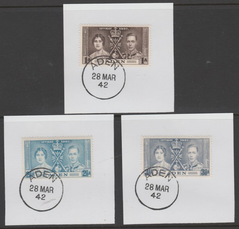 ADEN 1937 CORONATION set of 3 on pieces with MADAME JOSEPH  POSTMARK