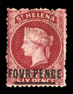 St. Helena #21 Cat$140, 1868 4p on 6p carmine, hinged