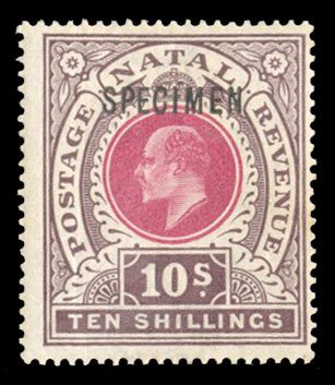 Natal #95S Cat$65, 1902-3 10sh brown and deep rose, overprinted Specimen, hinged