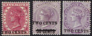 MAURITIUS 1891 QV SURCHARGE TWO CENTS SELECTION