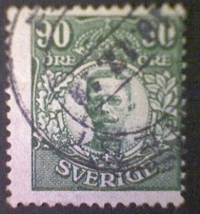 Sweden (Sverige), Scott #93, used (o), 1918, King Gustav V, 90ö, gray green