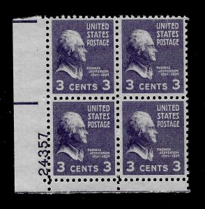 US 1938 Sc# 807  3 c T. Jefferson MINT NH Plate Block of 4 - Crisp Color