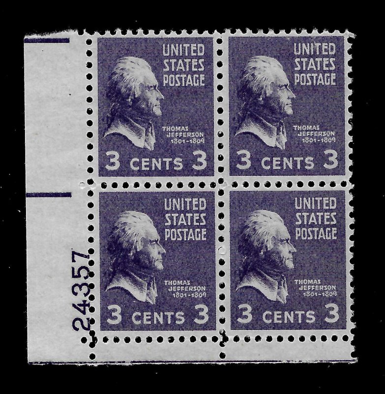 US 1938 Sc# 807  3 c T. Jefferson MINT NH Plate Block of 4 - Crisp Color