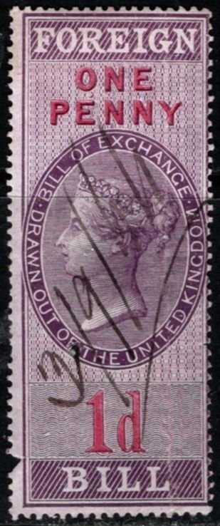 1857 Great Britain Revenue Queen Victoria One Penny Foreign Bill Used