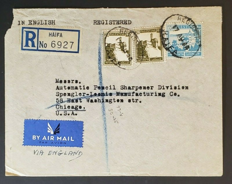 1945 Haifa Palestine to Chicago IL Registered Haskala Advertising Air Mail Cover