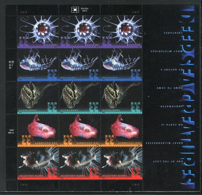 UNITED STATES SCOTT #3439/43 DEEP SEA CREATURES COMPLETE SHEET MINT NH