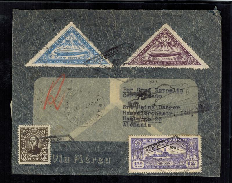 1932 Paraguay Graf Zeppelin Cover to Hamburg Germany LZ 127 Triangle Stamps