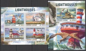 HM1494 2018 SIERRA LEONE LIGHTHOUSES BIRDS MARINE LIFE FAUNA #9654-7+BL1459 MNH