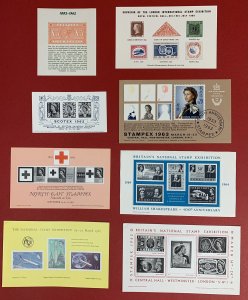 Great Britain, Lot of 10 Diff. Stamp Exhibition Souvenir Sheets & Souvenir Cards