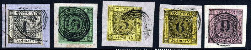 BADEN GERMANY 1851-58 First Issues IMPERFORATE  ON PIECE SG 3 to SG 11 VFU