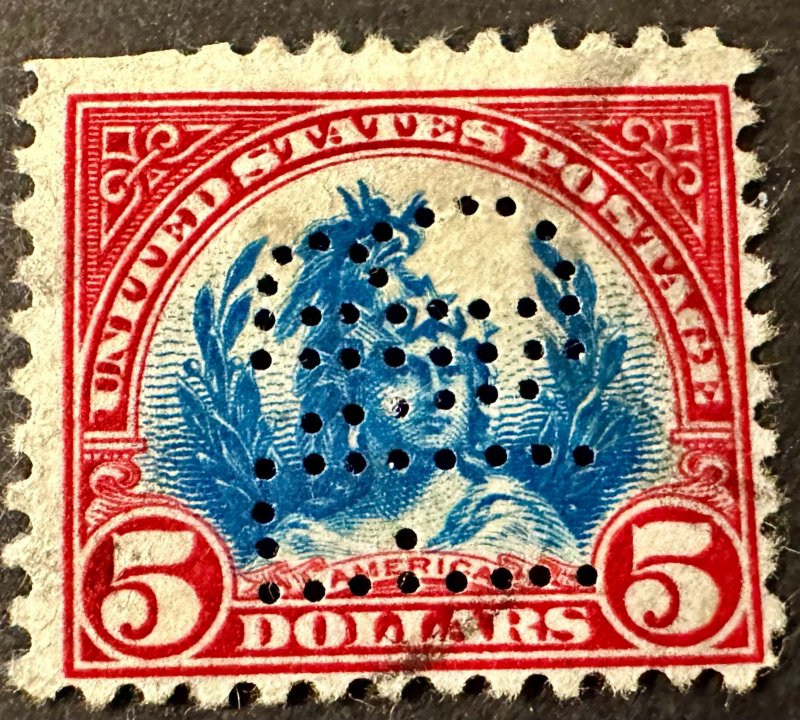 US #573 Freedom Statue 5 dollar 1923 used perfin cancellation CV $15.00