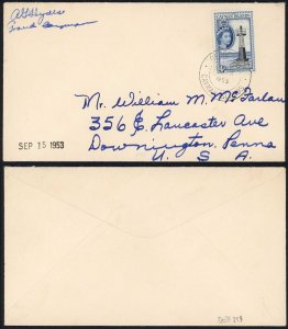 Cayman Islands 1953 4d single franking on cover to USA GEORGETOWN postmark