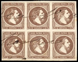 Spain X7, $495, 1875 1r brown, block of six, used, signed