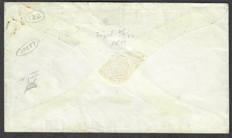 $US Sc#21 on cover Pos65L4 Feb. 4, 1858 East Boston, Crowe Cert., Ex. Siegel